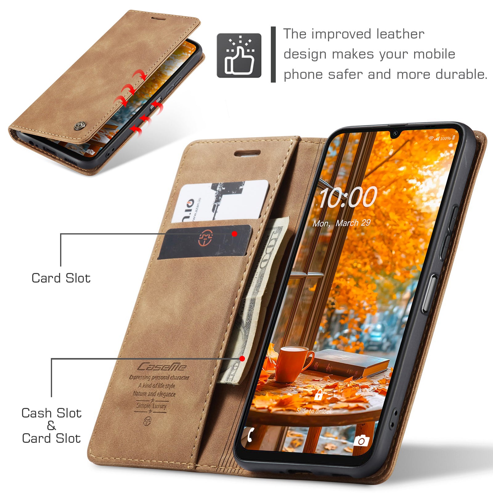 For Samsung Galaxy A06 Case CASEME 013 Series Card Holder Stand Leather Phone Cover - Brown