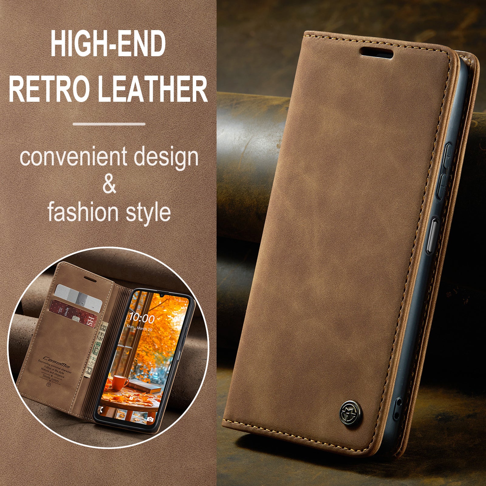 For Samsung Galaxy A06 Case CASEME 013 Series Card Holder Stand Leather Phone Cover - Brown