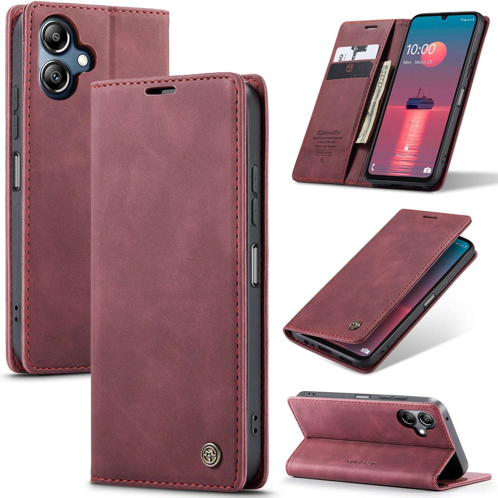 For Samsung Galaxy A06 Case CASEME 013 Series Card Holder Stand Leather Phone Cover - Red