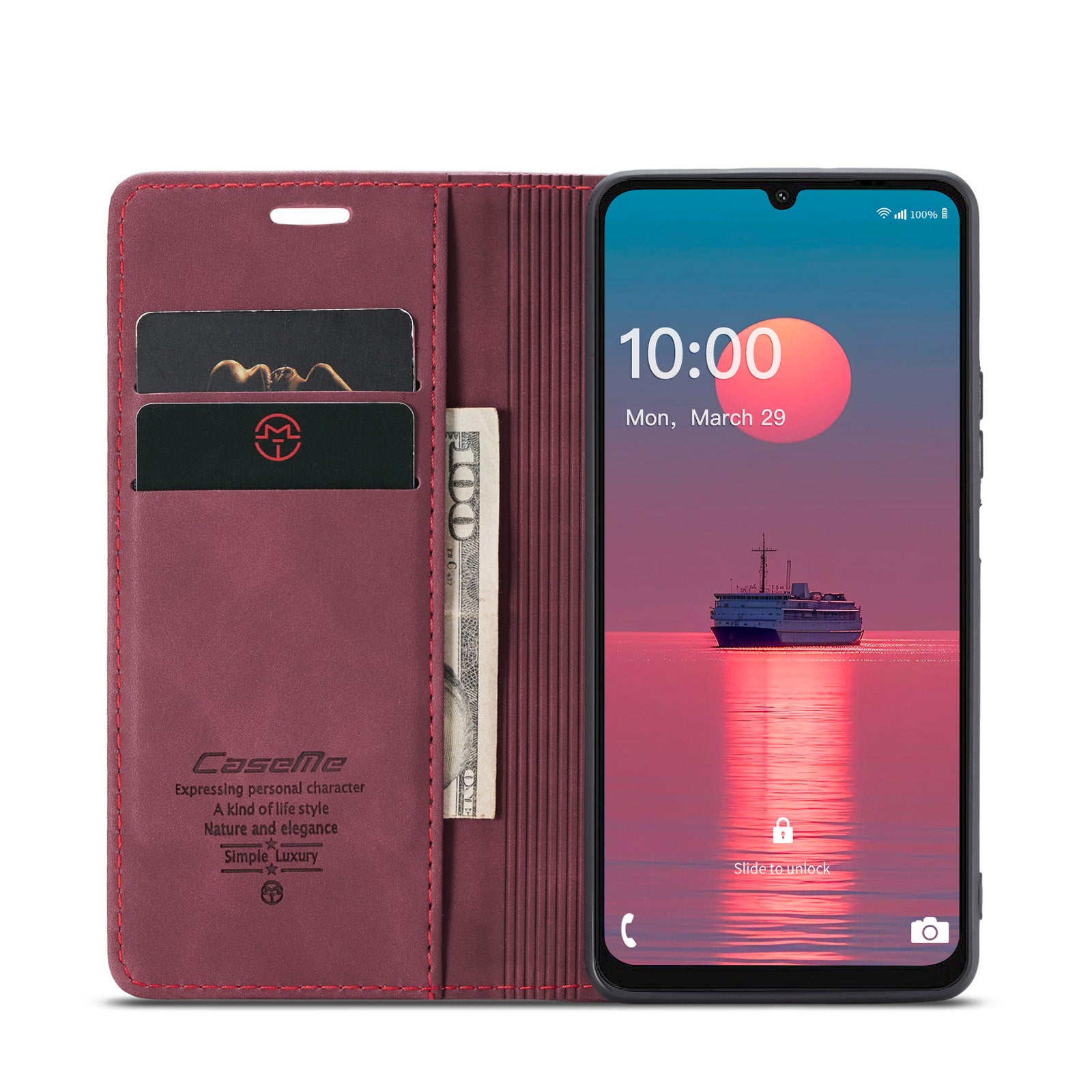 For Samsung Galaxy A06 Case CASEME 013 Series Card Holder Stand Leather Phone Cover - Red