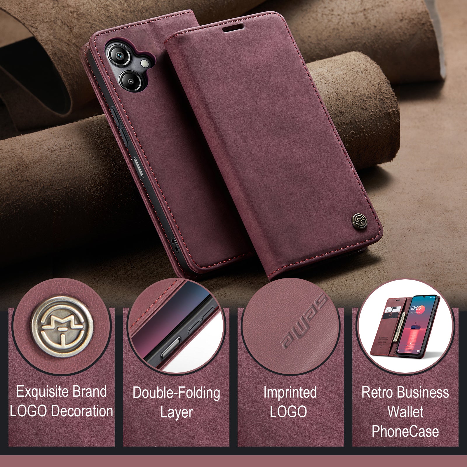 For Samsung Galaxy A06 Case CASEME 013 Series Card Holder Stand Leather Phone Cover - Red