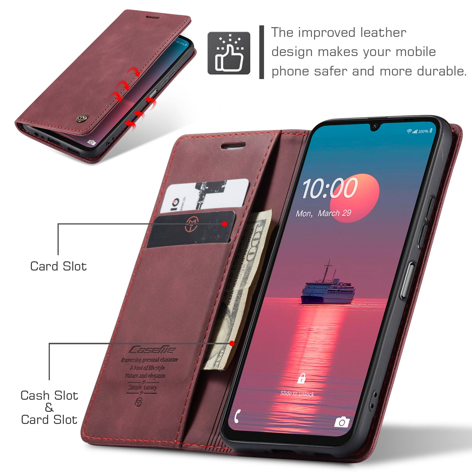 For Samsung Galaxy A06 Case CASEME 013 Series Card Holder Stand Leather Phone Cover - Red