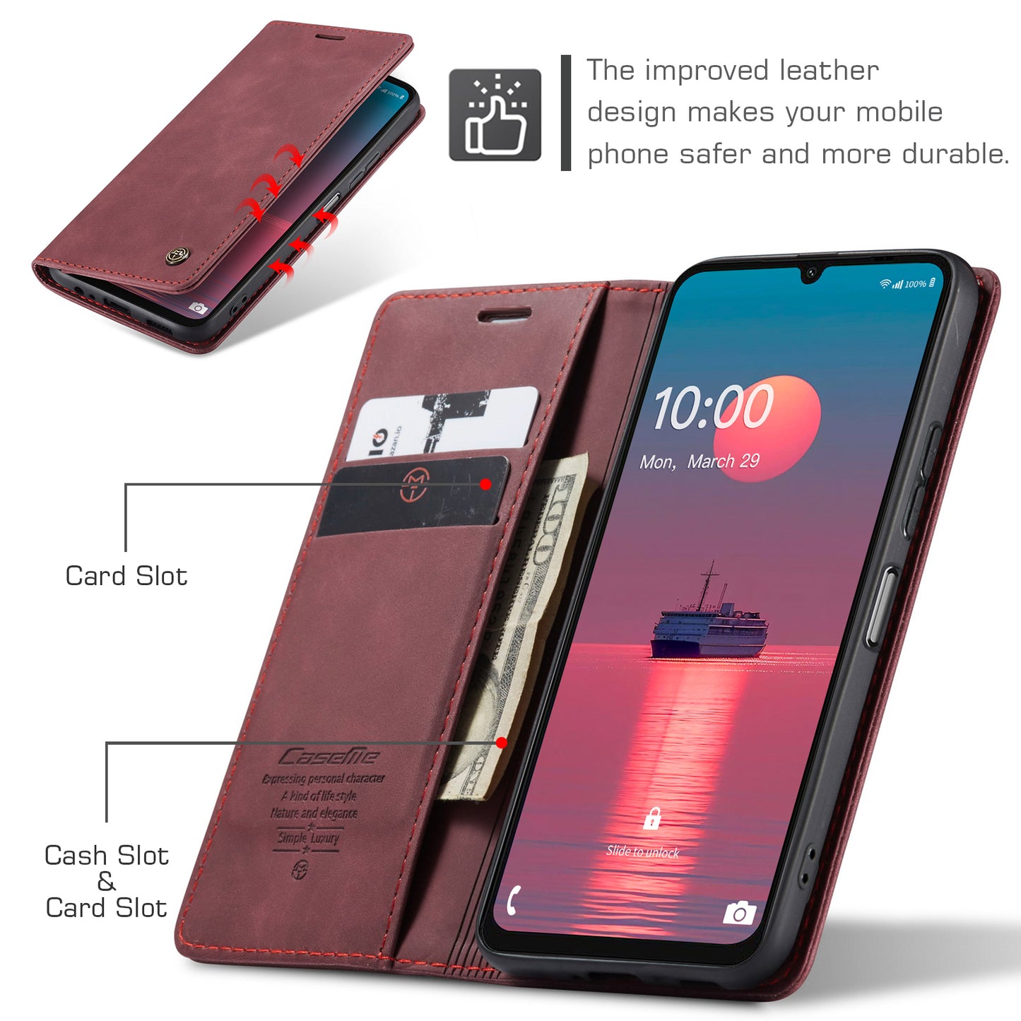 For Samsung Galaxy A06 Case CASEME 013 Series Card Holder Stand Leather Phone Cover - Red