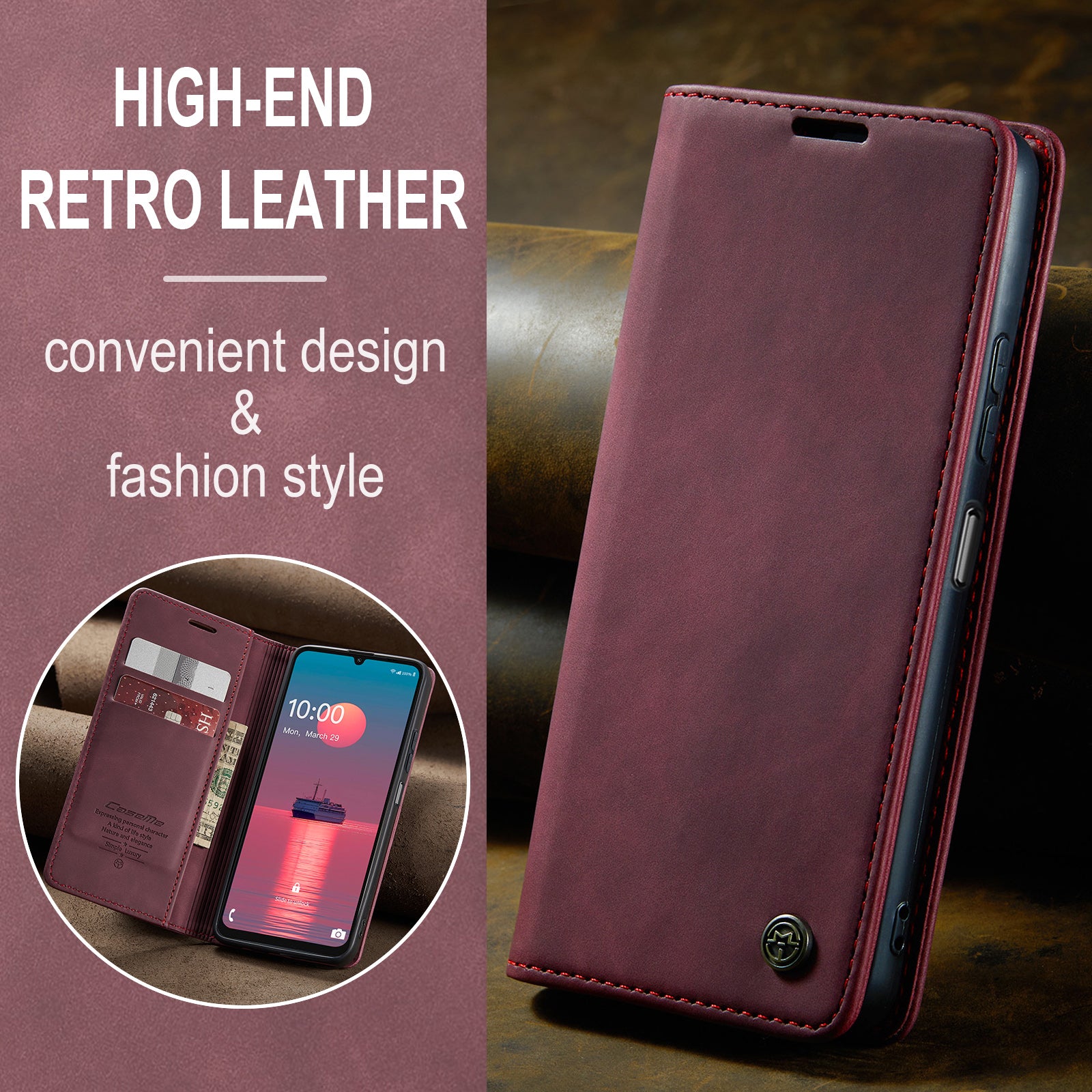 For Samsung Galaxy A06 Case CASEME 013 Series Card Holder Stand Leather Phone Cover - Red