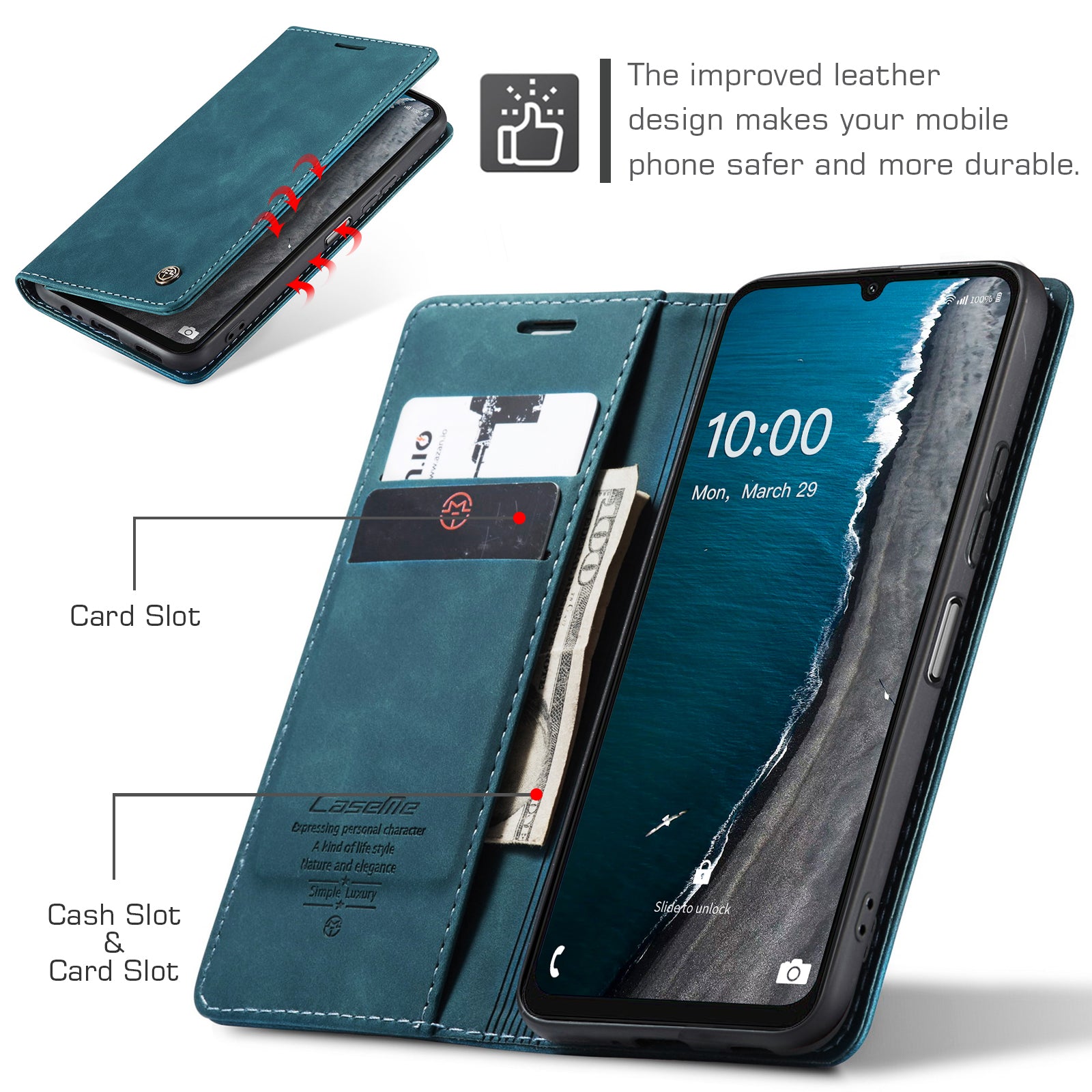 For Samsung Galaxy A06 Case CASEME 013 Series Card Holder Stand Leather Phone Cover - Blue