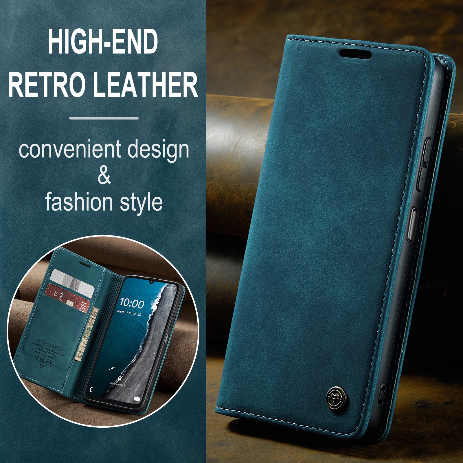 For Samsung Galaxy A06 Case CASEME 013 Series Card Holder Stand Leather Phone Cover - Blue