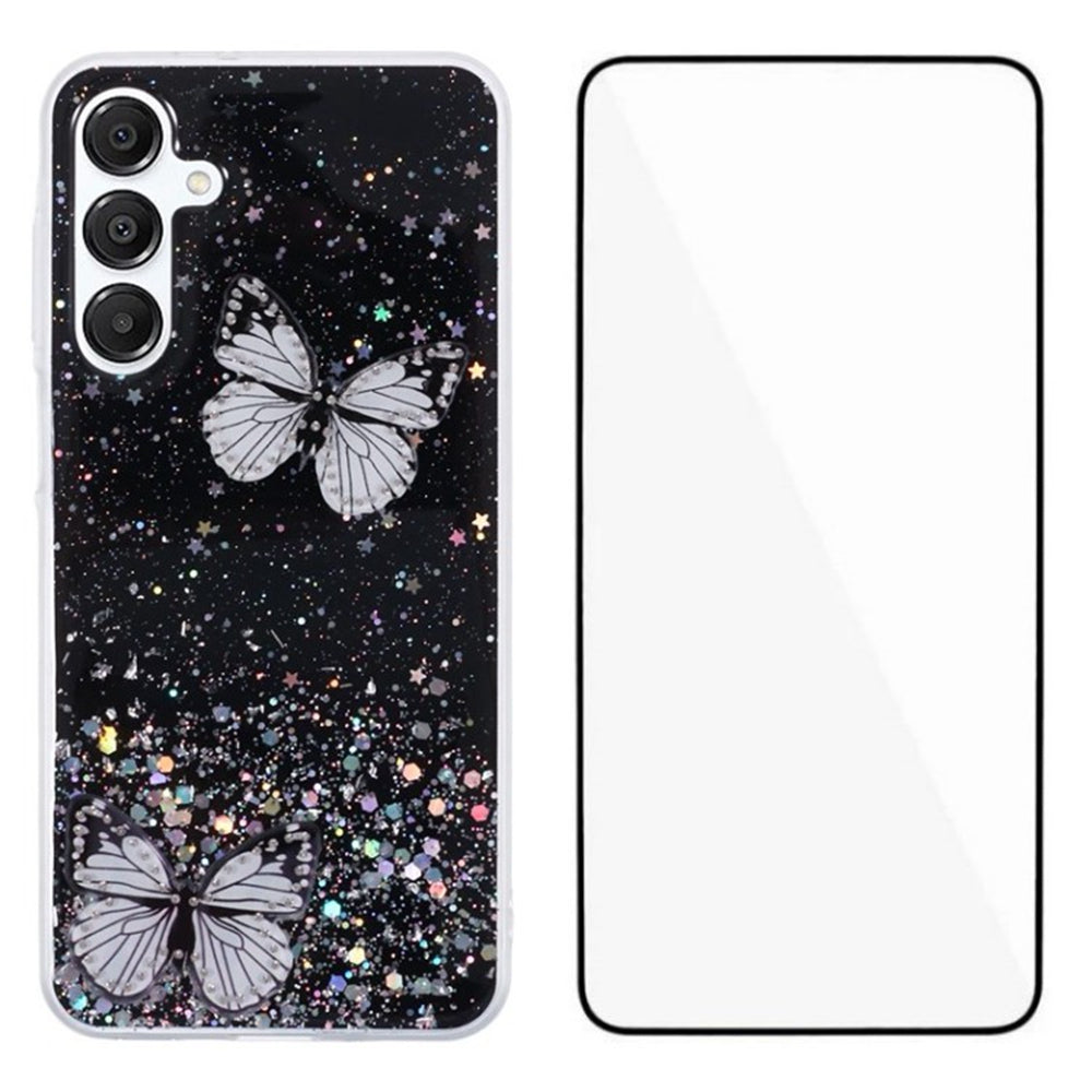 WANLONFENG AW Series for Samsung Galaxy A16 4G / 5G Case with Screen Film TPU Phone Cover PVC Butterfly Epoxy - Black