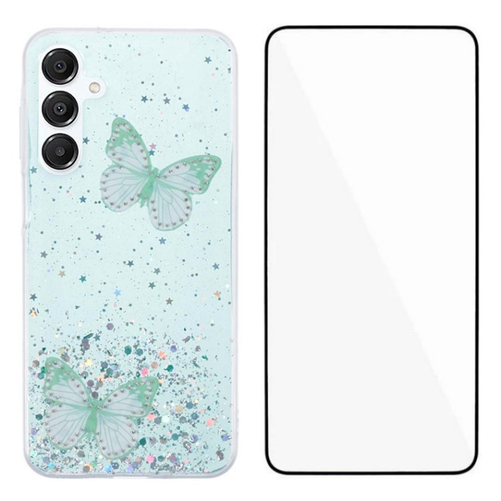 WANLONFENG AW Series for Samsung Galaxy A16 4G / 5G Case with Screen Film TPU Phone Cover PVC Butterfly Epoxy - Green