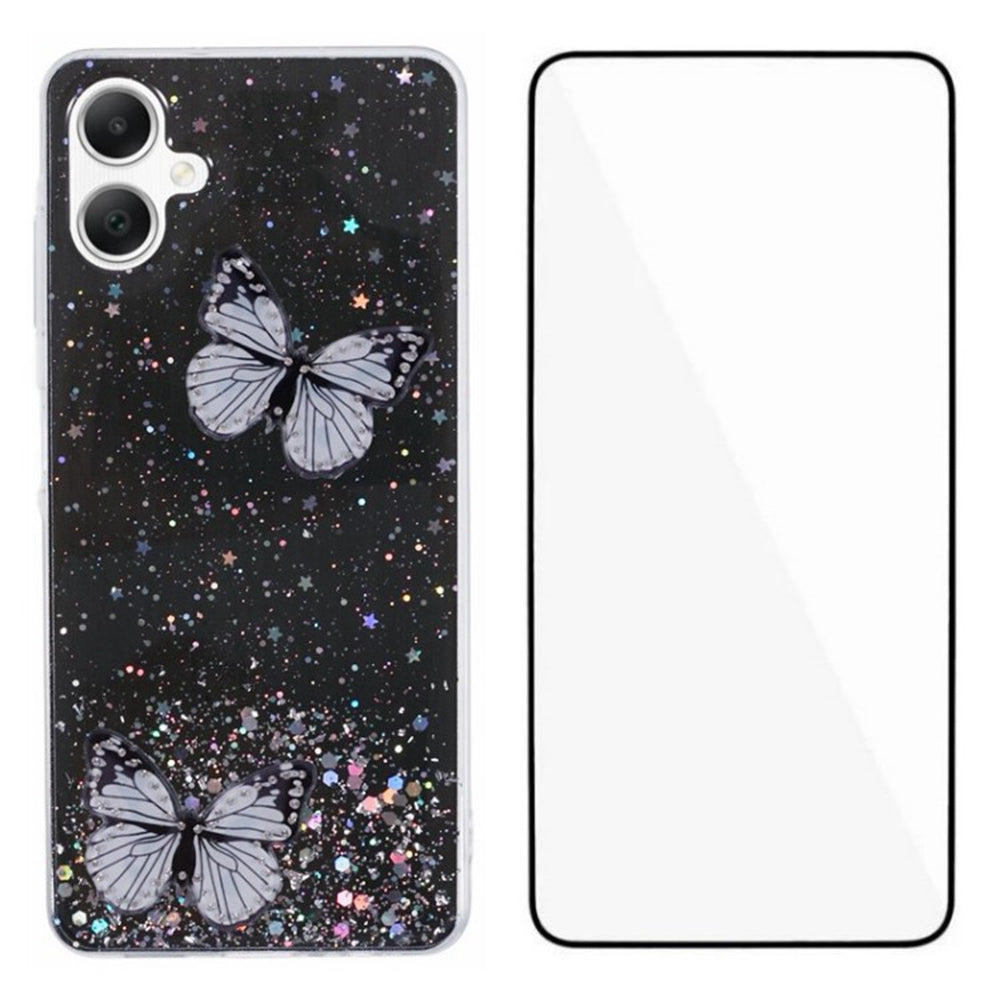 WANLONFENG AW Series for Samsung Galaxy A06 Case with Screen Film TPU Phone Cover PVC Butterfly Epoxy - Black