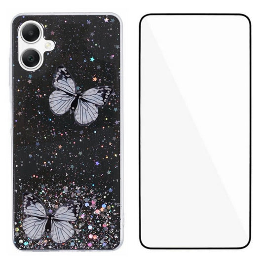 WANLONFENG AW Series for Samsung Galaxy A06 Case with Screen Film TPU Phone Cover PVC Butterfly Epoxy - Black