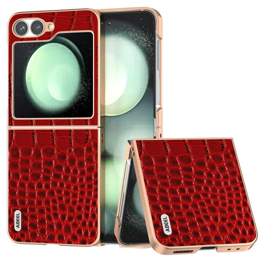 ABEEL For Samsung Galaxy Z Flip7 FE 5G / Z Flip6 5G Case Electroplating Edge Crocodile Texture Genuine Cow Leather Back Cover - Red