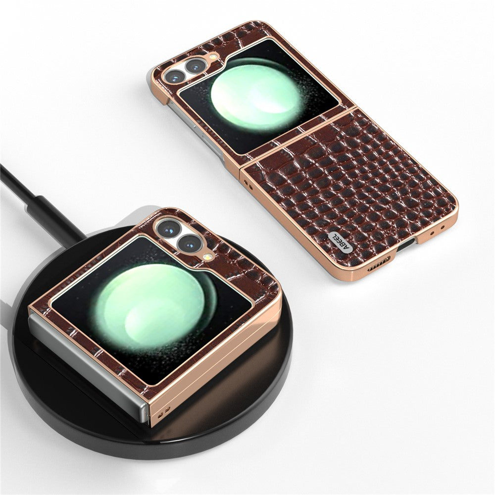 ABEEL For Samsung Galaxy Z Flip7 FE 5G / Z Flip6 5G Case Electroplating Edge Crocodile Texture Genuine Cow Leather Back Cover - Coffee