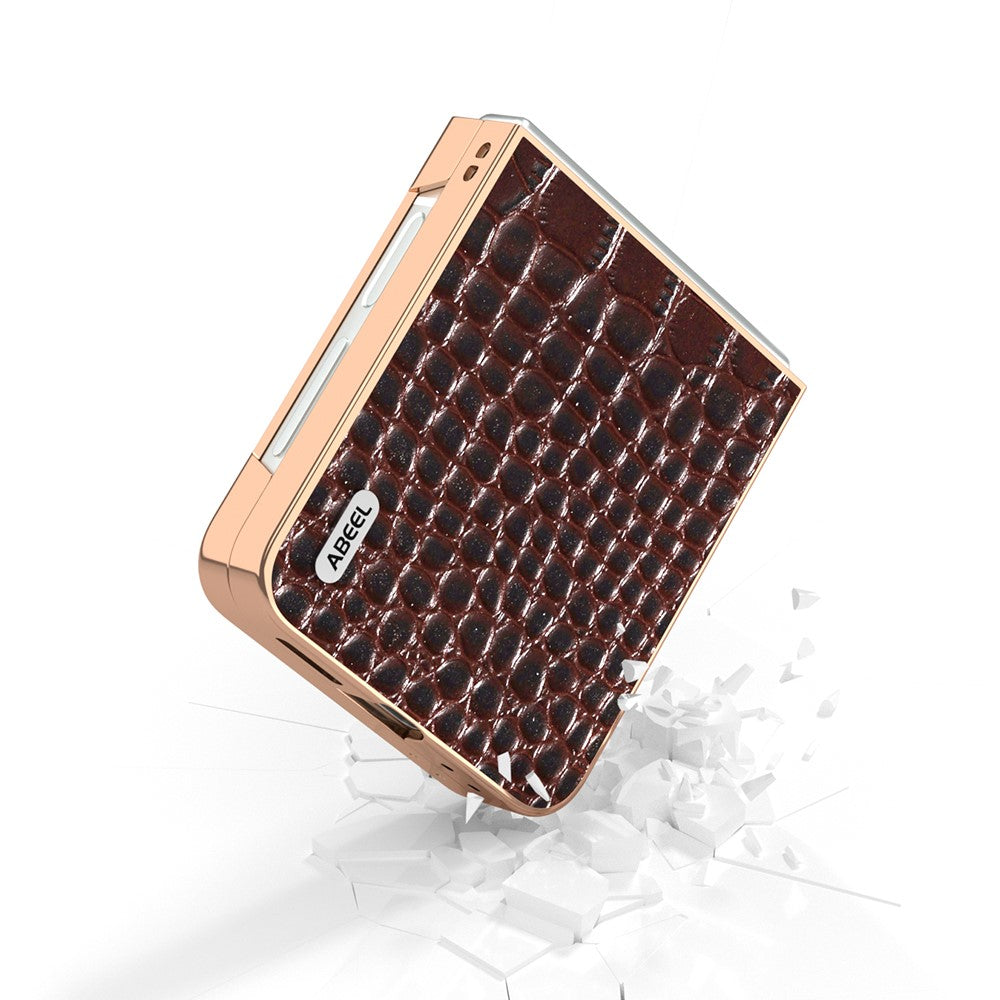 ABEEL For Samsung Galaxy Z Flip7 FE 5G / Z Flip6 5G Case Electroplating Edge Crocodile Texture Genuine Cow Leather Back Cover - Coffee