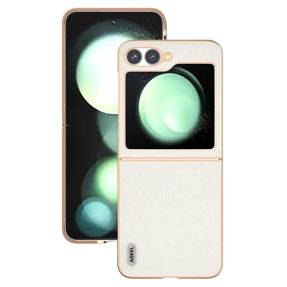 ABEEL For Samsung Galaxy Z Flip7 FE 5G / Z Flip6 5G Case Electroplating Edge Genuine Cow Leather+PC Phone Cover - Grey