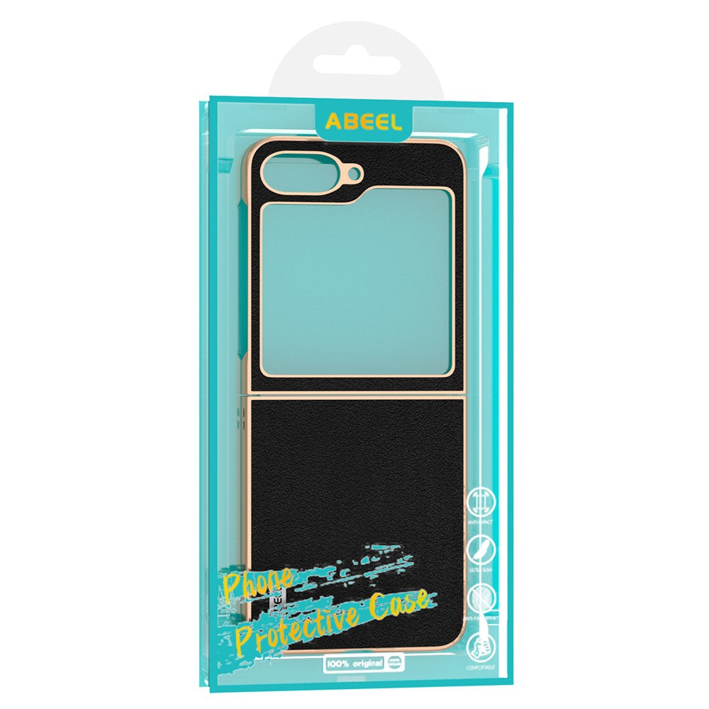 ABEEL For Samsung Galaxy Z Flip7 FE 5G / Z Flip6 5G Case Electroplating Edge Genuine Cow Leather+PC Phone Cover - Grey