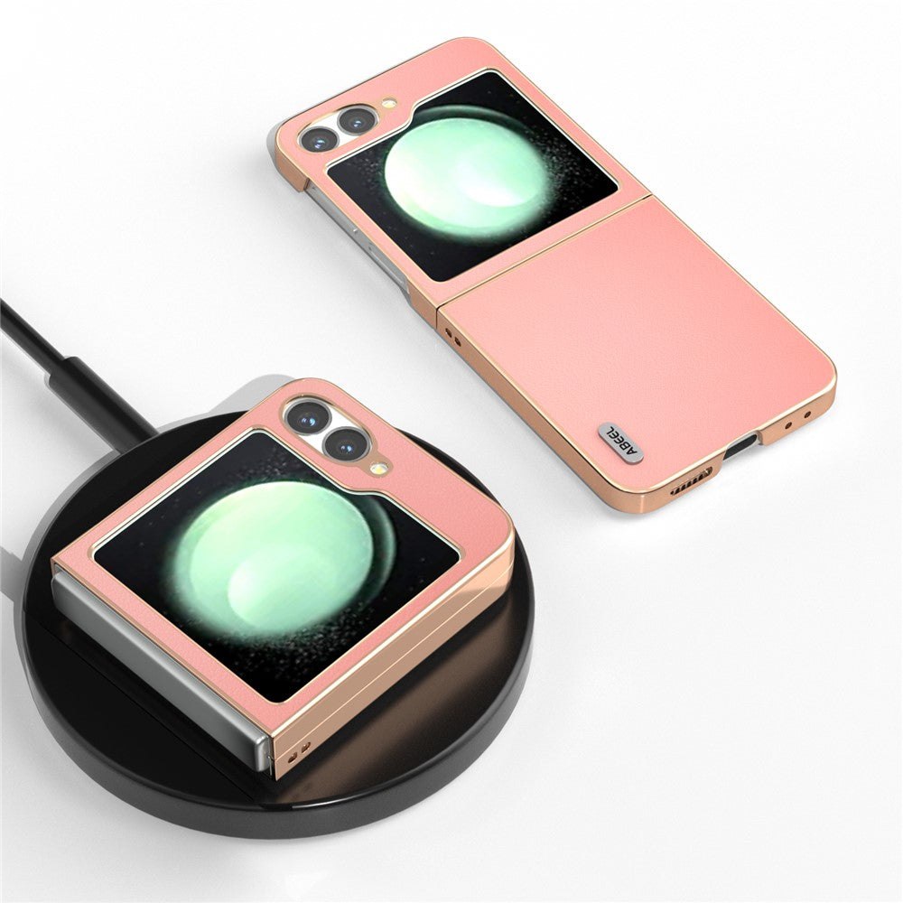 ABEEL For Samsung Galaxy Z Flip7 FE 5G / Z Flip6 5G Case Electroplating Edge Genuine Cow Leather+PC Phone Cover - Pink