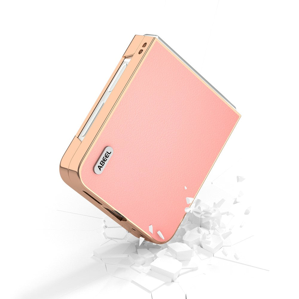ABEEL For Samsung Galaxy Z Flip7 FE 5G / Z Flip6 5G Case Electroplating Edge Genuine Cow Leather+PC Phone Cover - Pink