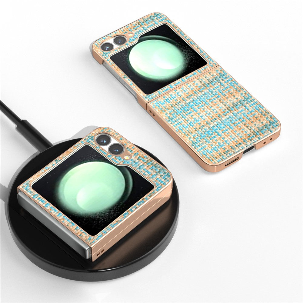 ABEEL For Samsung Galaxy Z Flip7 FE 5G / Z Flip6 5G Case Electroplating Edge Plaid Texture PU Leather+PC Phone Cover - Blue