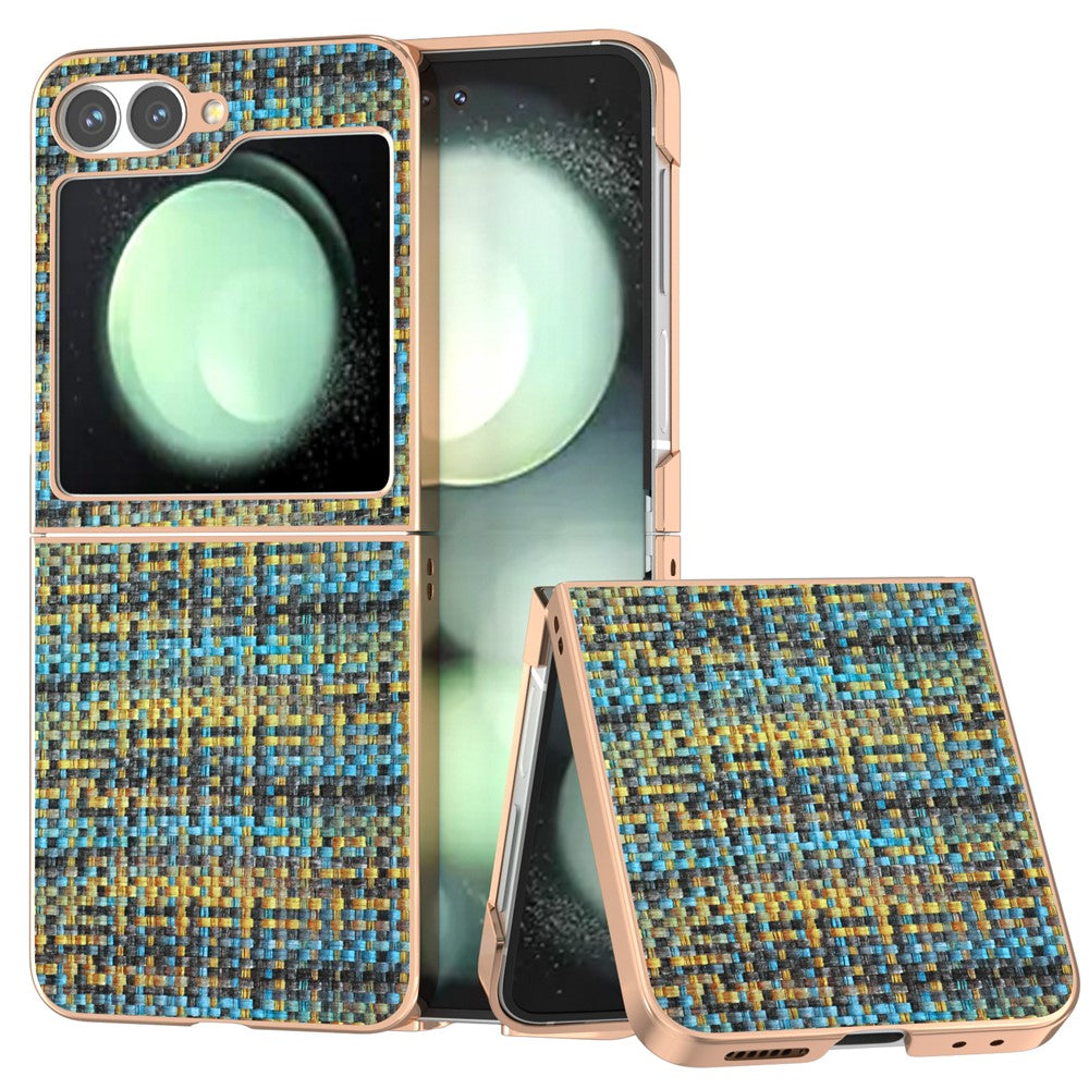 ABEEL For Samsung Galaxy Z Flip7 FE 5G / Z Flip6 5G Case Electroplating Edge Plaid Texture PU Leather+PC Phone Cover - Gold