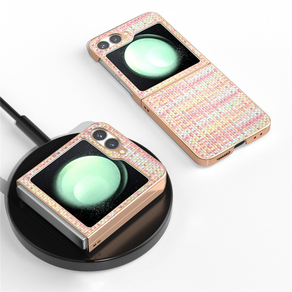 ABEEL For Samsung Galaxy Z Flip7 FE 5G / Z Flip6 5G Case Electroplating Edge Plaid Texture PU Leather+PC Phone Cover - Pink
