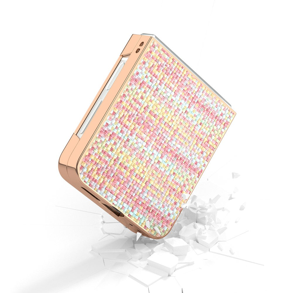 ABEEL For Samsung Galaxy Z Flip7 FE 5G / Z Flip6 5G Case Electroplating Edge Plaid Texture PU Leather+PC Phone Cover - Pink