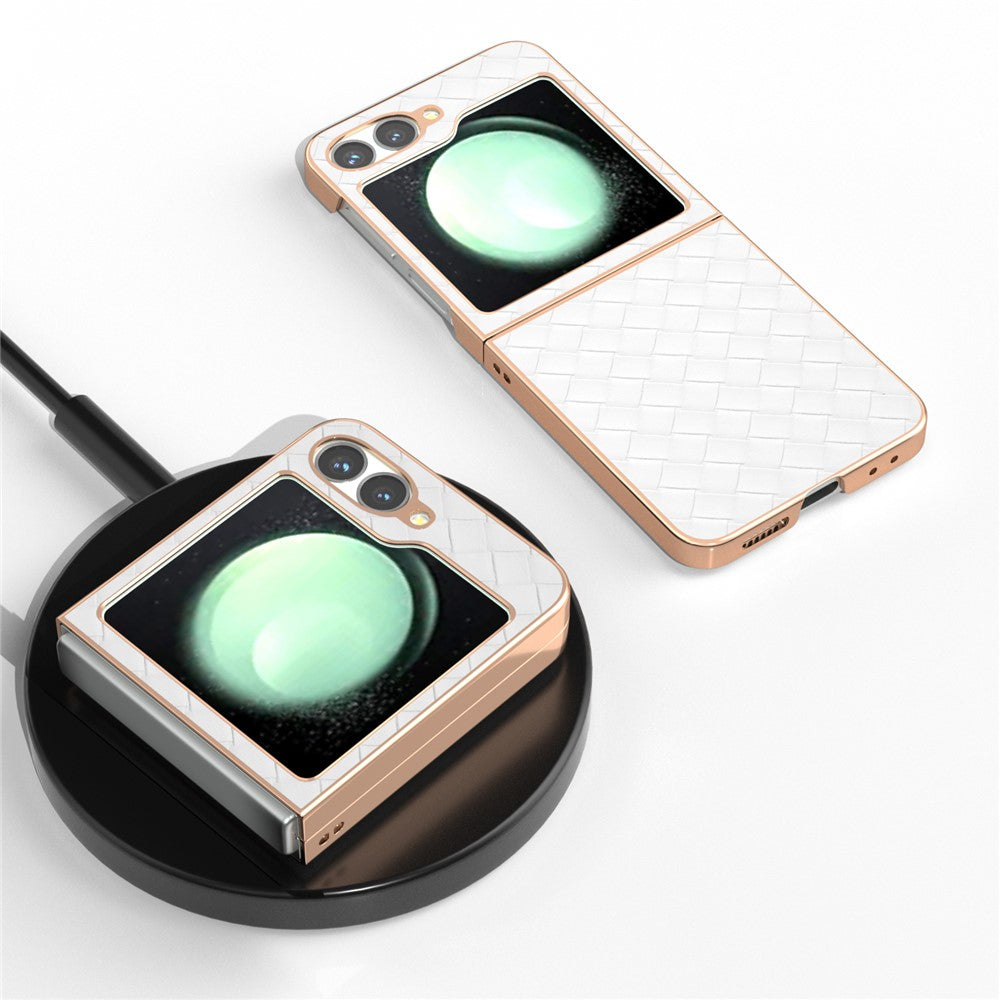 ABEEL For Samsung Galaxy Z Flip7 FE 5G / Z Flip6 5G Case Woven Texture Electroplating Edge Leather Coated PC Phone Cover - White