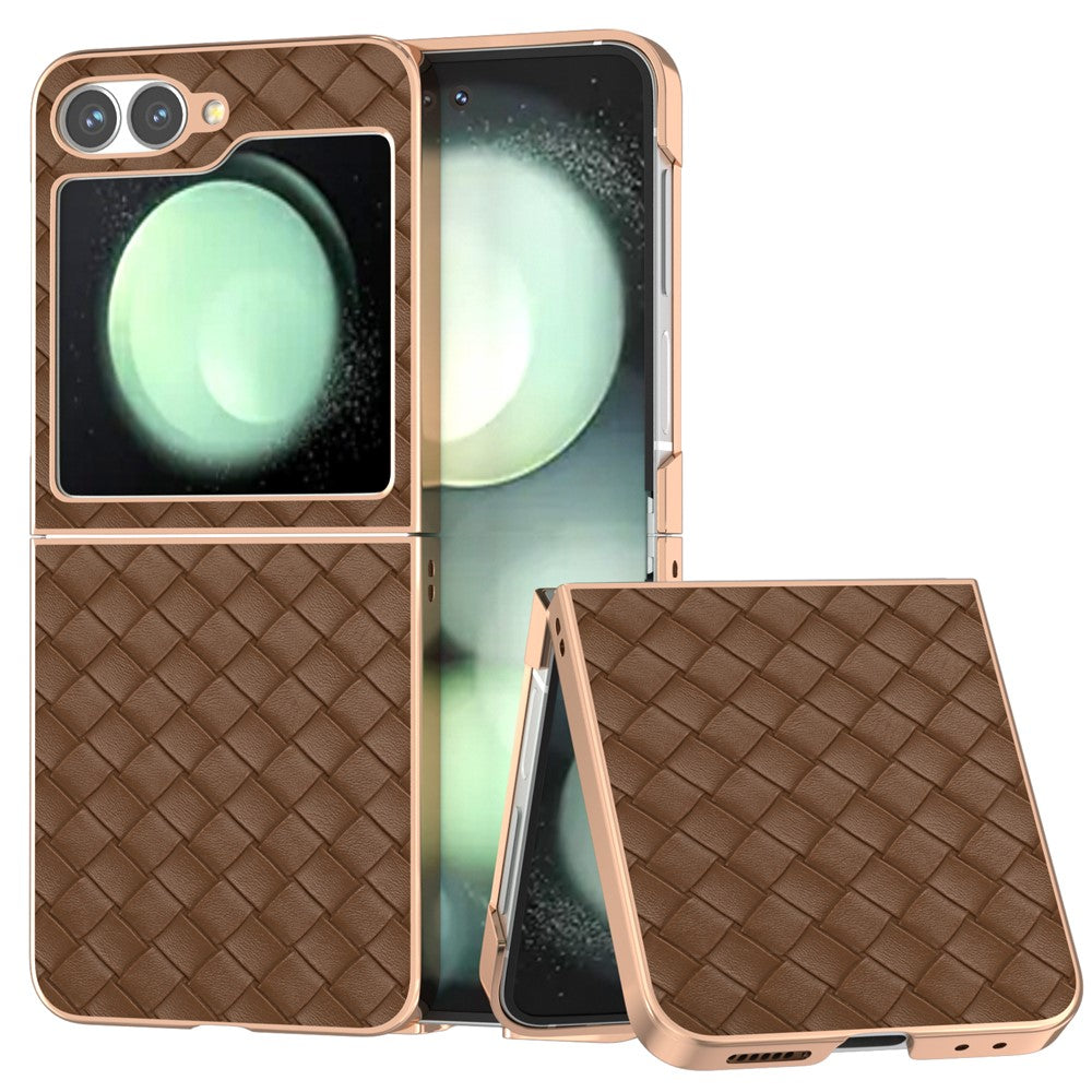 ABEEL For Samsung Galaxy Z Flip7 FE 5G / Z Flip6 5G Case Woven Texture Electroplating Edge Leather Coated PC Phone Cover - Brown