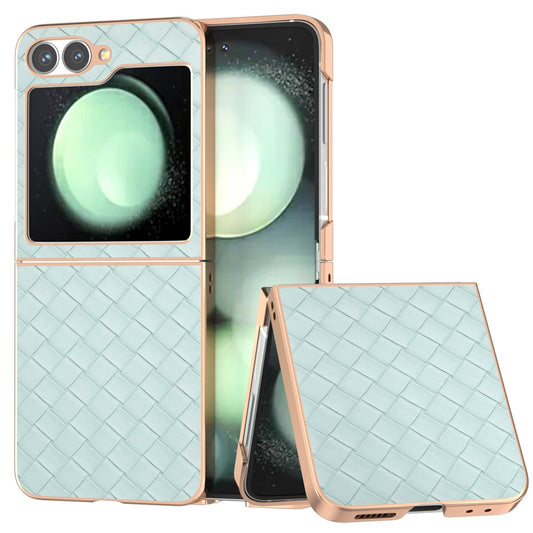 ABEEL For Samsung Galaxy Z Flip7 FE 5G / Z Flip6 5G Case Woven Texture Electroplating Edge Leather Coated PC Phone Cover - Light Green