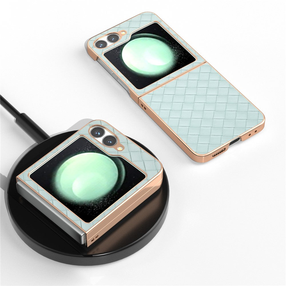 ABEEL For Samsung Galaxy Z Flip7 FE 5G / Z Flip6 5G Case Woven Texture Electroplating Edge Leather Coated PC Phone Cover - Light Green