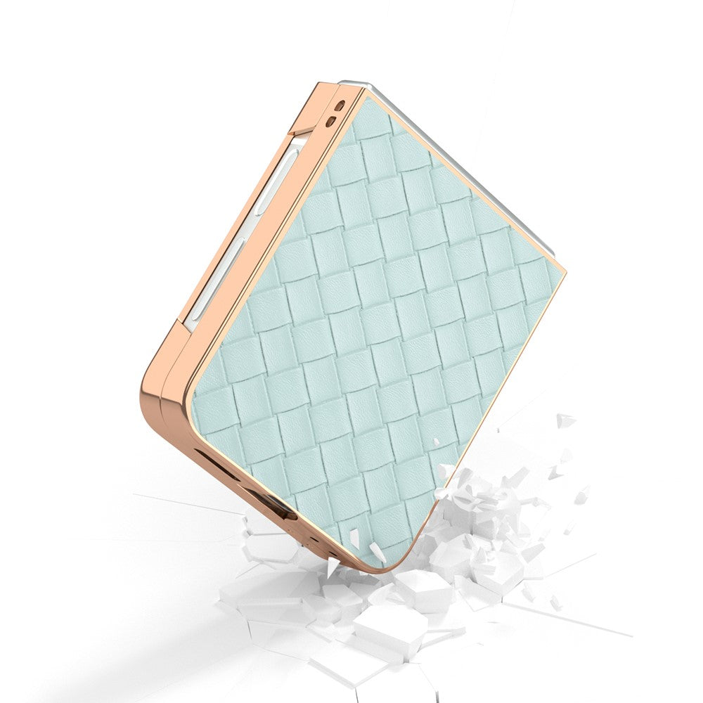 ABEEL For Samsung Galaxy Z Flip7 FE 5G / Z Flip6 5G Case Woven Texture Electroplating Edge Leather Coated PC Phone Cover - Light Green