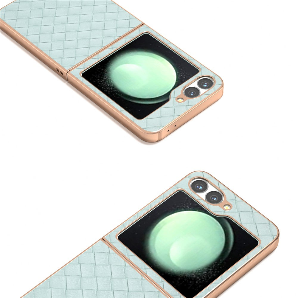 ABEEL For Samsung Galaxy Z Flip7 FE 5G / Z Flip6 5G Case Woven Texture Electroplating Edge Leather Coated PC Phone Cover - Light Green