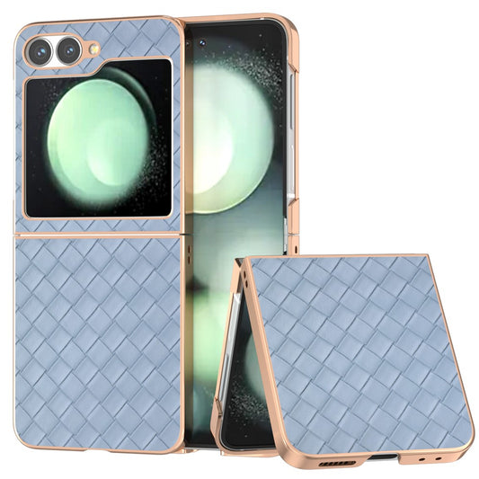 ABEEL For Samsung Galaxy Z Flip7 FE 5G / Z Flip6 5G Case Woven Texture Electroplating Edge Leather Coated PC Phone Cover - Baby Blue