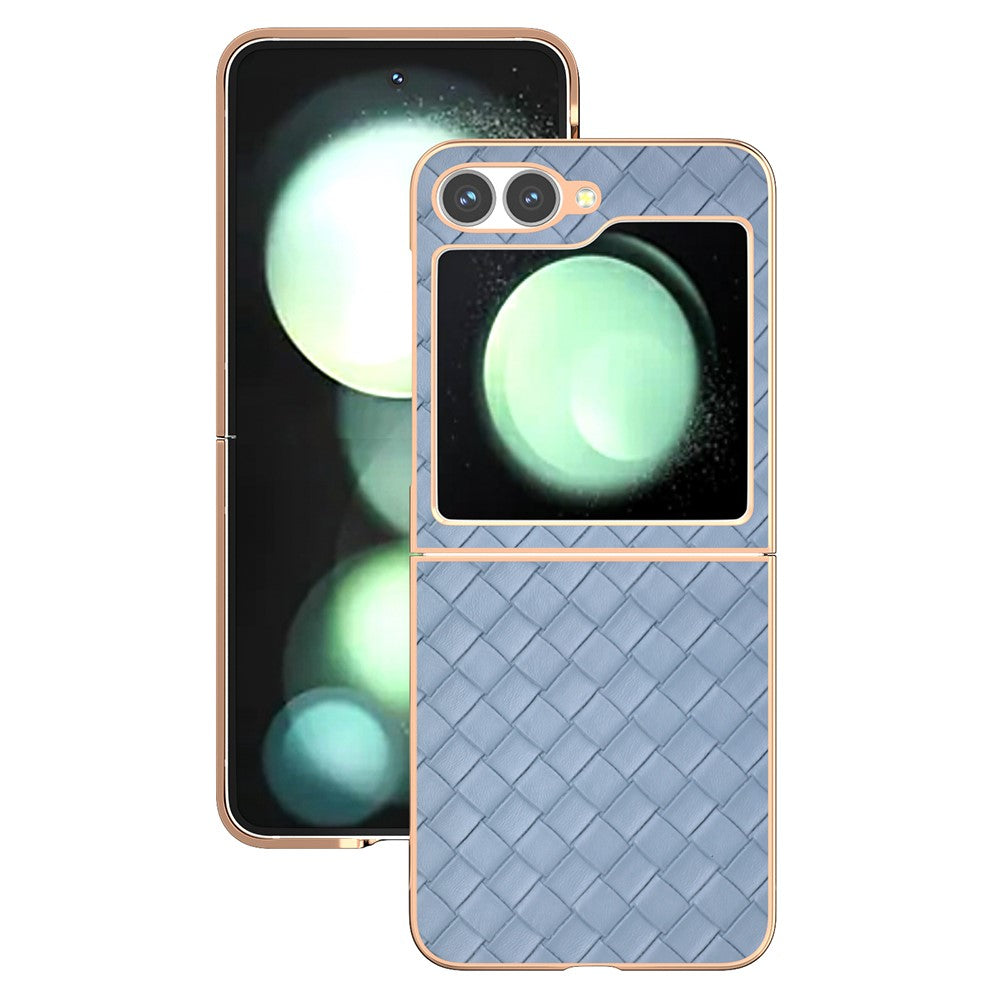 ABEEL For Samsung Galaxy Z Flip7 FE 5G / Z Flip6 5G Case Woven Texture Electroplating Edge Leather Coated PC Phone Cover - Baby Blue