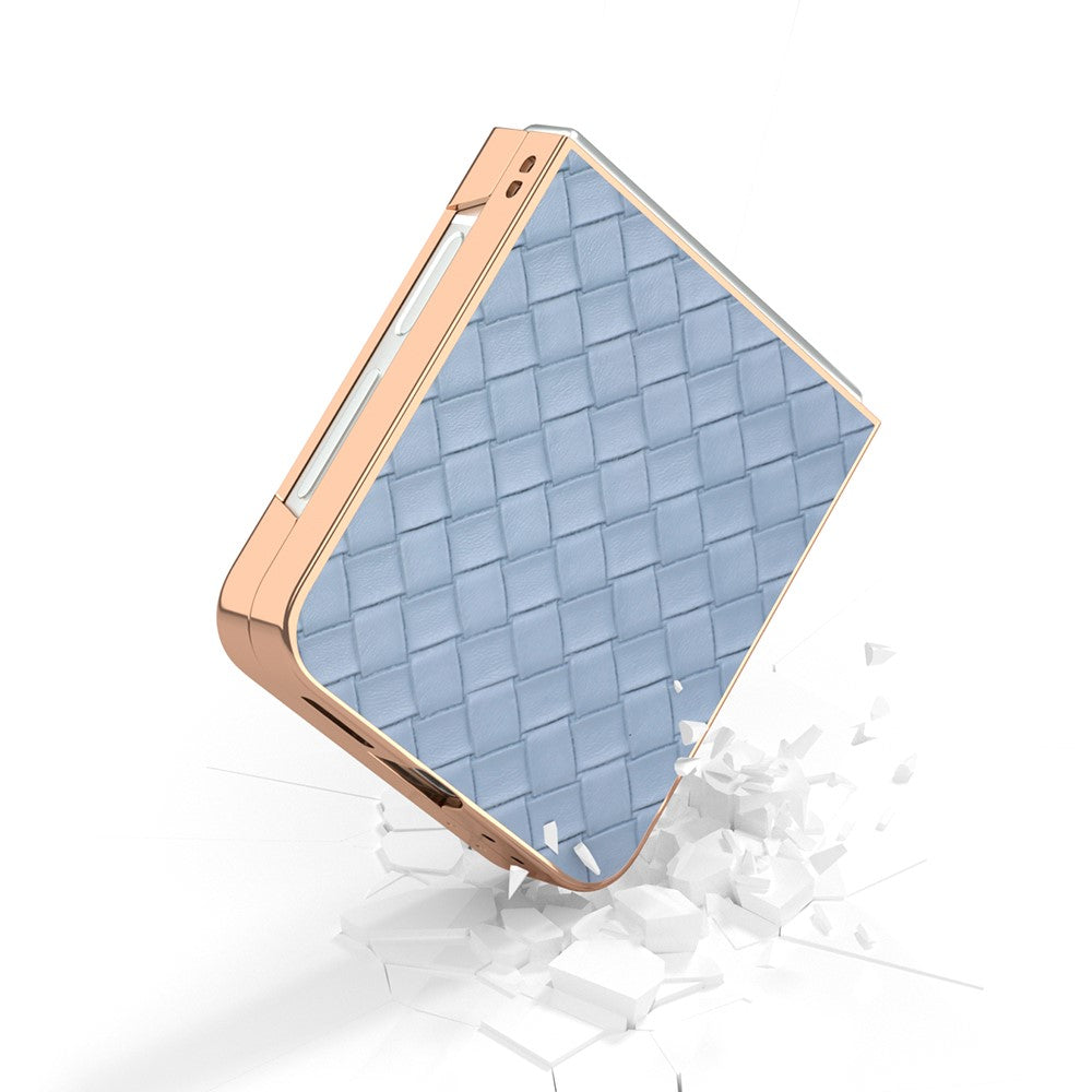 ABEEL For Samsung Galaxy Z Flip7 FE 5G / Z Flip6 5G Case Woven Texture Electroplating Edge Leather Coated PC Phone Cover - Baby Blue