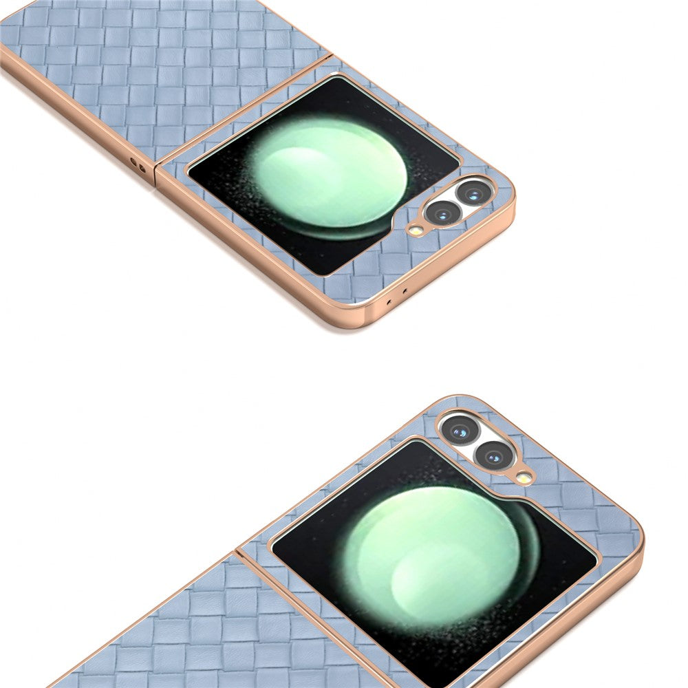 ABEEL For Samsung Galaxy Z Flip7 FE 5G / Z Flip6 5G Case Woven Texture Electroplating Edge Leather Coated PC Phone Cover - Baby Blue