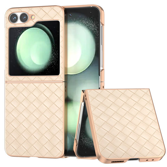 ABEEL For Samsung Galaxy Z Flip7 FE 5G / Z Flip6 5G Case Woven Texture Electroplating Edge Leather Coated PC Phone Cover - Beige