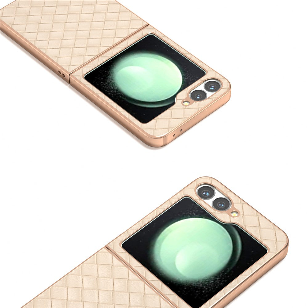 ABEEL For Samsung Galaxy Z Flip7 FE 5G / Z Flip6 5G Case Woven Texture Electroplating Edge Leather Coated PC Phone Cover - Beige