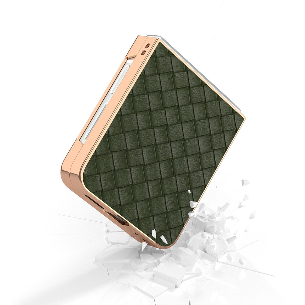 ABEEL For Samsung Galaxy Z Flip7 FE 5G / Z Flip6 5G Case Woven Texture Electroplating Edge Leather Coated PC Phone Cover - Green