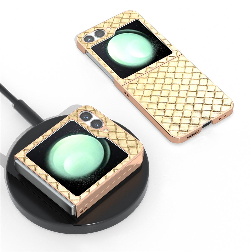 ABEEL For Samsung Galaxy Z Flip7 FE 5G / Z Flip6 5G Case Woven Texture Electroplating Edge Leather Coated PC Phone Cover - Gold