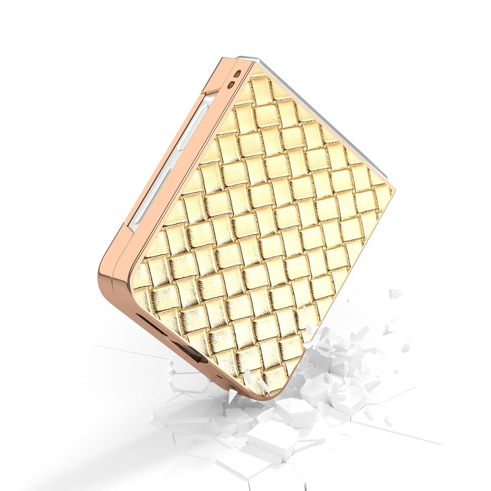 ABEEL For Samsung Galaxy Z Flip7 FE 5G / Z Flip6 5G Case Woven Texture Electroplating Edge Leather Coated PC Phone Cover - Gold