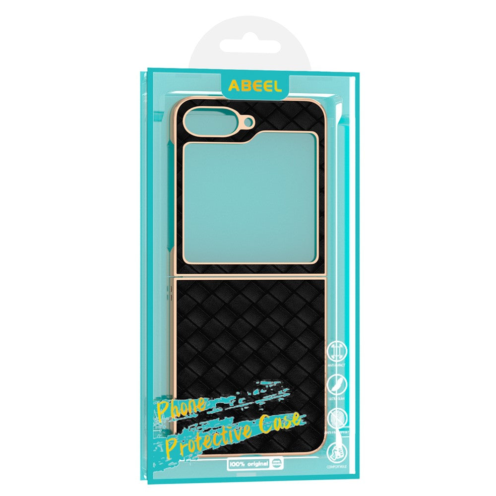 ABEEL For Samsung Galaxy Z Flip7 FE 5G / Z Flip6 5G Case Woven Texture Electroplating Edge Leather Coated PC Phone Cover - Gold