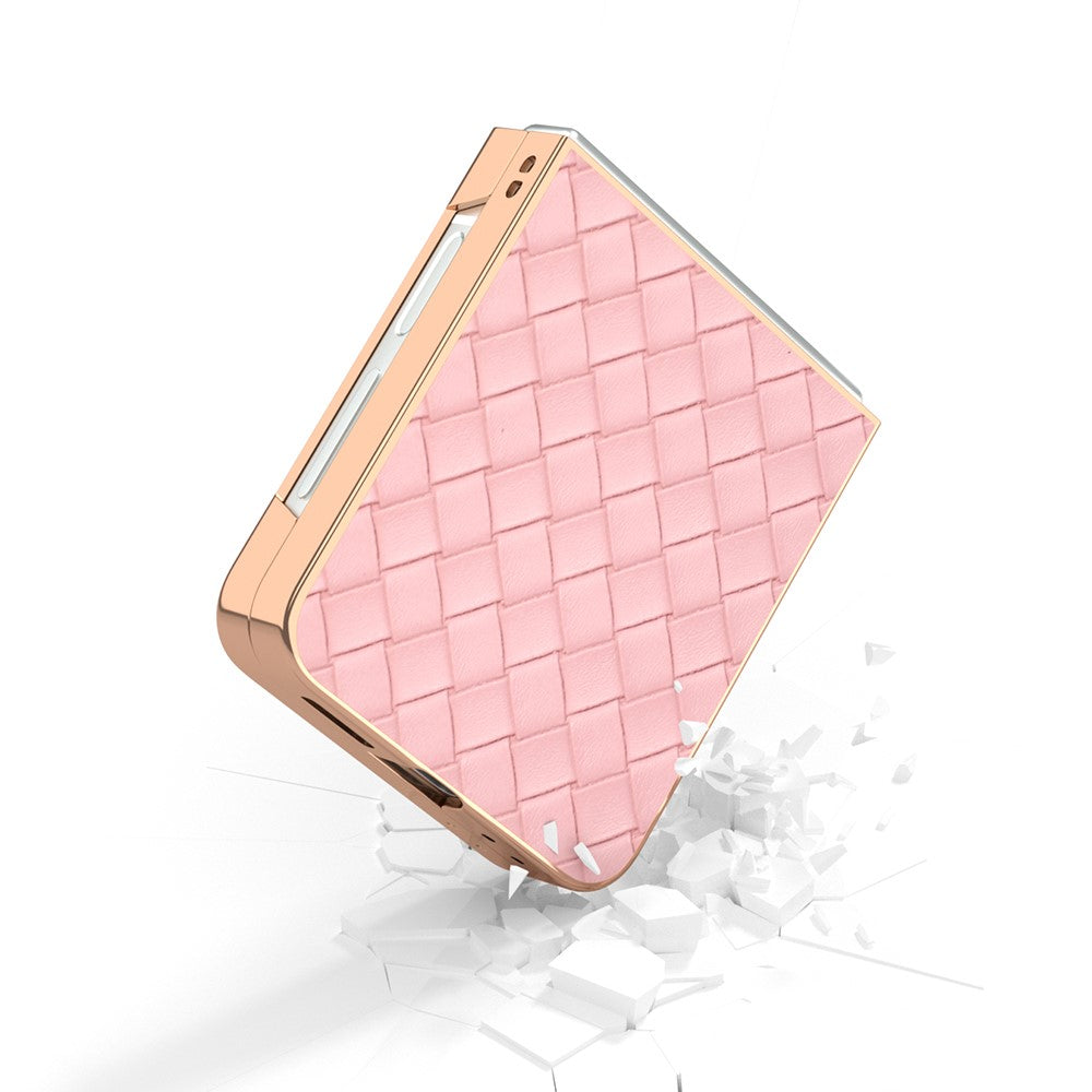 ABEEL For Samsung Galaxy Z Flip7 FE 5G / Z Flip6 5G Case Woven Texture Electroplating Edge Leather Coated PC Phone Cover - Pink