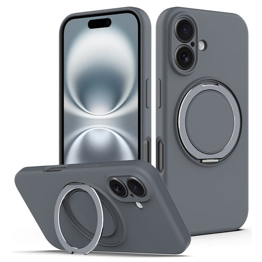 For iPhone 16 Case Compatible with MagSafe Rotating Metal Kickstand PC + Silicone Phone Cover - Grey