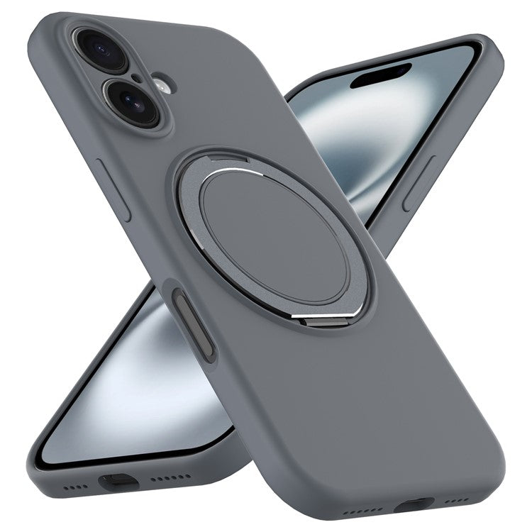 For iPhone 16 Case Compatible with MagSafe Rotating Metal Kickstand PC + Silicone Phone Cover - Grey