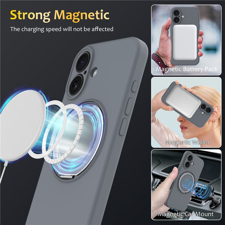 For iPhone 16 Case Compatible with MagSafe Rotating Metal Kickstand PC + Silicone Phone Cover - Grey