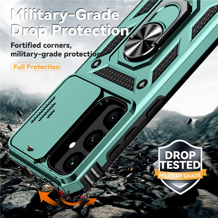 For Samsung Galaxy S25+ Case PC + TPU Phone Cover Lens Ultimate Protection Kickstand - Blackish Green