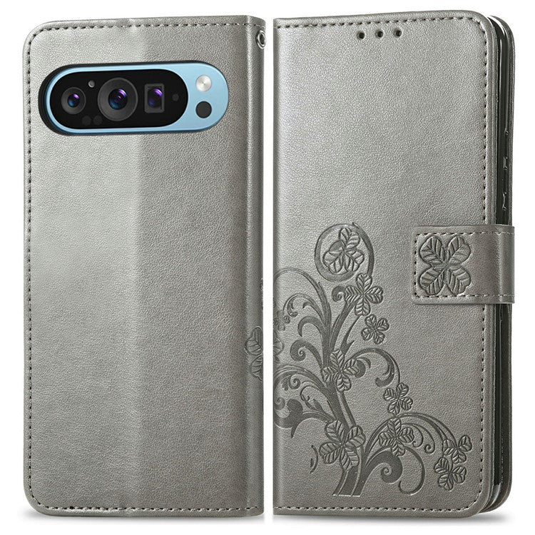 For Google Pixel 9 / Pixel 9 Pro Leather Case Four-Leaf Clover Wallet Phone Cover - Grey