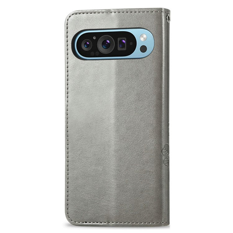 For Google Pixel 9 / Pixel 9 Pro Leather Case Four-Leaf Clover Wallet Phone Cover - Grey