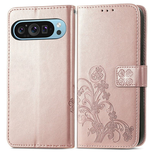 For Google Pixel 9 / Pixel 9 Pro Leather Case Four-Leaf Clover Wallet Phone Cover - Rose Gold