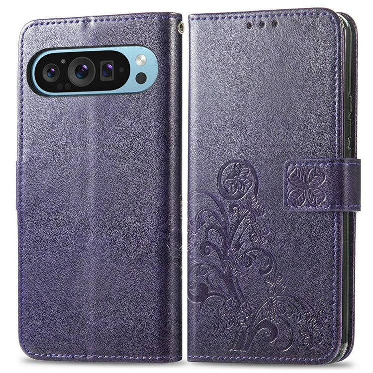 For Google Pixel 9 / Pixel 9 Pro Leather Case Four-Leaf Clover Wallet Phone Cover - Purple